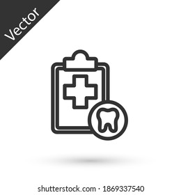 Grey line Clipboard with dental card or patient medical records icon isolated on white background. Dental insurance. Dental clinic report. Vector.