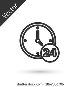 Grey line Clock 24 hours icon isolated on white background. All day cyclic icon. 24 hours service symbol. Vector.