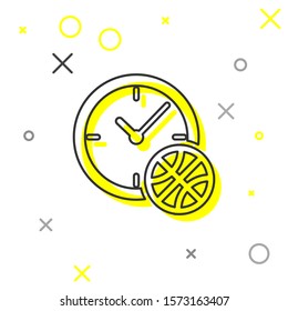 Grey line Clock with basketball ball inside icon isolated on white background. Basketball time. Sport and training.  Vector Illustration