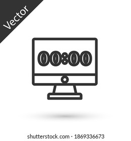 Reloj de línea gris en el monitor de ordenador icono de pantalla aislado en fondo blanco. Programar conceptos. Vector.