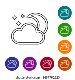 Grey line Cloud with moon and stars icon isolated on white background. Cloudy night sign. Sleep dreams symbol. Night or bed time sign. Set icons in color circle buttons. Vector Illustration