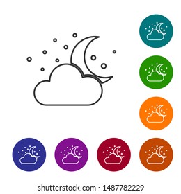 Grey line Cloud with moon and stars icon isolated on white background. Cloudy night sign. Sleep dreams symbol. Night or bed time sign. Set icons in color circle buttons. Vector Illustration