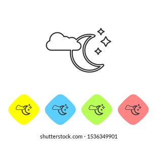 Grey line Cloud with moon and stars icon isolated on white background. Cloudy night sign. Sleep dreams symbol. Night or bed time sign. Set icons in color rhombus buttons. Vector Illustration