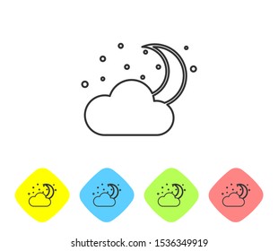 Grey line Cloud with moon and stars icon isolated on white background. Cloudy night sign. Sleep dreams symbol. Night or bed time sign. Set icons in color rhombus buttons. Vector Illustration