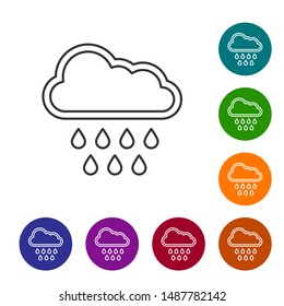 Grey line Cloud with rain icon isolated on white background. Rain cloud precipitation with rain drops. Set icons in color circle buttons. Vector Illustration