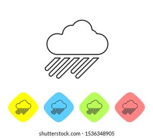 Grey line Cloud with rain icon isolated on white background. Rain cloud precipitation with rain drops. Set icons in color rhombus buttons. Vector Illustration