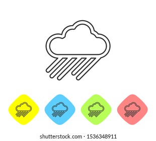 Grey line Cloud with rain icon isolated on white background. Rain cloud precipitation with rain drops. Set icons in color rhombus buttons. Vector Illustration