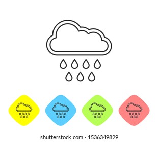 Grey line Cloud with rain icon isolated on white background. Rain cloud precipitation with rain drops. Set icons in color rhombus buttons. Vector Illustration