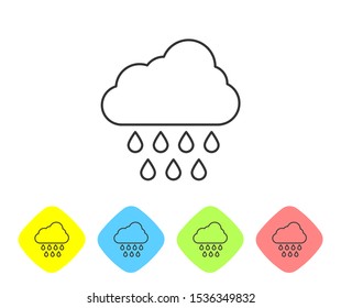 Grey line Cloud with rain icon isolated on white background. Rain cloud precipitation with rain drops. Set icons in color rhombus buttons. Vector Illustration