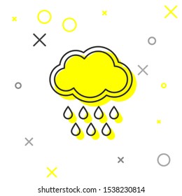 Grey line Cloud with rain icon isolated on white background. Rain cloud precipitation with rain drops.  Vector Illustration