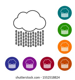 Grey line Cloud with rain icon isolated on white background. Rain cloud precipitation with rain drops. Set icons in color circle buttons. Vector Illustration