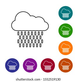Grey line Cloud with rain icon isolated on white background. Rain cloud precipitation with rain drops. Set icons in color circle buttons. Vector Illustration