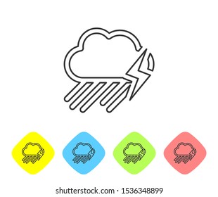 Grey line Cloud with rain and lightning icon isolated on white background. Rain cloud precipitation with rain drops.Weather icon of storm. Set icons in color rhombus buttons. Vector Illustration