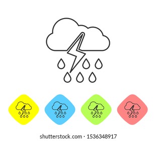 Grey line Cloud with rain and lightning icon isolated on white background. Rain cloud precipitation with rain drops.Weather icon of storm. Set icons in color rhombus buttons. Vector Illustration