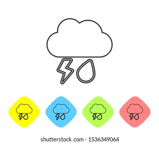 Grey line Cloud with rain and lightning icon isolated on white background. Rain cloud precipitation with rain drops.Weather icon of storm. Set icons in color rhombus buttons. Vector Illustration
