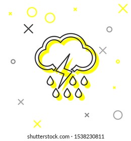 Grey line Cloud with rain and lightning icon isolated on white background. Rain cloud precipitation with rain drops.Weather icon of storm.  Vector Illustration