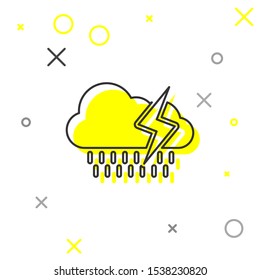 Grey line Cloud with rain and lightning icon isolated on white background. Rain cloud precipitation with rain drops.Weather icon of storm.  Vector Illustration