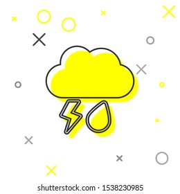 Grey line Cloud with rain and lightning icon isolated on white background. Rain cloud precipitation with rain drops.Weather icon of storm.  Vector Illustration