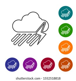 Grey line Cloud with rain and lightning icon isolated on white background. Rain cloud precipitation with rain drops.Weather icon of storm. Set icons in color circle buttons. Vector Illustration