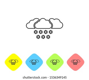 Grey line Cloud with snow icon isolated on white background. Cloud with snowflakes. Single weather icon. Snowing sign. Set icons in color rhombus buttons. Vector Illustration
