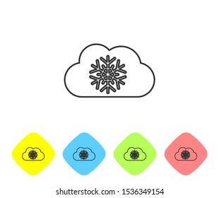 Grey line Cloud with snow icon isolated on white background. Cloud with snowflakes. Single weather icon. Snowing sign. Set icons in color rhombus buttons. Vector Illustration