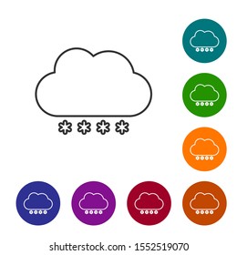 Grey line Cloud with snow icon isolated on white background. Cloud with snowflakes. Single weather icon. Snowing sign. Set icons in color circle buttons. Vector Illustration