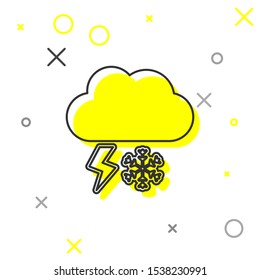 Grey line Cloud with snow and lightning icon isolated on white background. Cloud with snowflakes. Single weather icon. Snowing sign.  Vector Illustration