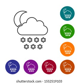 Grey line Cloud with snow and moon icon isolated on white background. Cloud with snowflakes. Single weather icon. Snowing sign. Set icons in color circle buttons. Vector Illustration