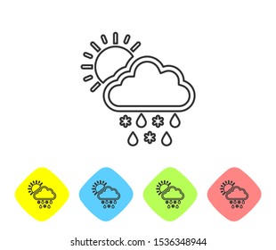 Grey line Cloud with snow, rain and sun icon isolated on white background. Weather icon. Set icons in color rhombus buttons. Vector Illustration
