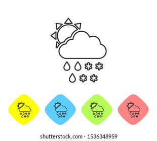 Grey line Cloud with snow and rain icon isolated on white background. Weather icon. Set icons in color rhombus buttons. Vector Illustration