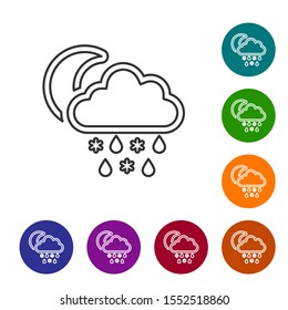 Grey line Cloud with snow and rain icon isolated on white background. Weather icon. Set icons in color circle buttons. Vector Illustration