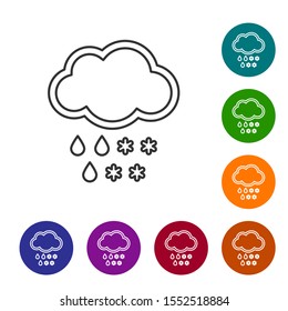 Grey line Cloud with snow and rain icon isolated on white background. Weather icon. Set icons in color circle buttons. Vector Illustration