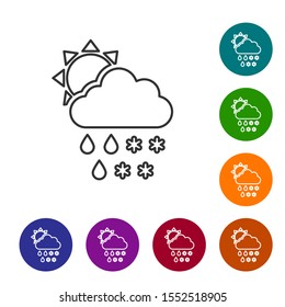 Grey line Cloud with snow and rain icon isolated on white background. Weather icon. Set icons in color circle buttons. Vector Illustration