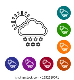 Grey line Cloud with snow and sun icon isolated on white background. Cloud with snowflakes. Single weather icon. Snowing sign. Set icons in color circle buttons. Vector Illustration