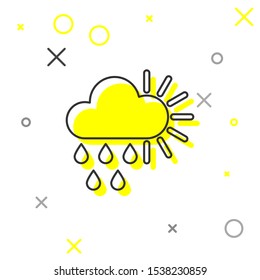 Grey line Cloudy with rain and sun icon isolated on white background. Rain cloud precipitation with rain drops.  Vector Illustration