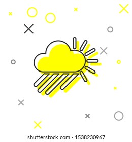Grey line Cloudy with rain and sun icon isolated on white background. Rain cloud precipitation with rain drops.  Vector Illustration
