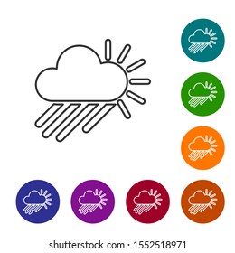 Grey line Cloudy with rain and sun icon isolated on white background. Rain cloud precipitation with rain drops. Set icons in color circle buttons. Vector Illustration