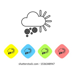 Grey line Cloudy with snow icon isolated on white background. Cloud with snowflakes. Single weather icon. Snowing sign. Set icons in color rhombus buttons. Vector Illustration