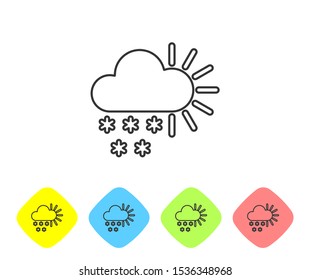 Grey line Cloudy with snow icon isolated on white background. Cloud with snowflakes. Single weather icon. Snowing sign. Set icons in color rhombus buttons. Vector Illustration