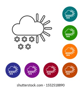 Grey line Cloudy with snow icon isolated on white background. Cloud with snowflakes. Single weather icon. Snowing sign. Set icons in color circle buttons. Vector Illustration