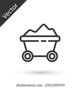Grey line Coal mine trolley icon isolated on white background. Factory coal mine trolley.  Vector Illustration