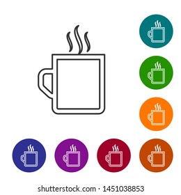 Grey line Coffee cup flat icon isolated on white background. Tea cup. Hot drink coffee. Set icon in color circle buttons. Vector Illustration