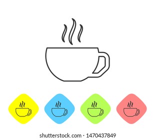 Grey line Coffee cup flat icon isolated on white background. Tea cup. Hot drink coffee. Set icon in color rhombus buttons. Vector Illustration