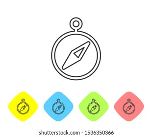 Grey line Compass icon isolated on white background. Windrose navigation symbol. Wind rose sign. Set icons in color rhombus buttons. Vector Illustration
