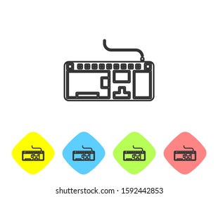 Grey line Computer keyboard icon isolated on white background. PC component sign. Set icons in color rhombus buttons. Vector Illustration