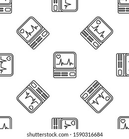 Grey line Computer monitor with cardiogram icon isolated seamless pattern on white background. Monitoring icon. ECG monitor with heart beat hand drawn.  Vector Illustration