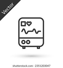 Grey line Computer monitor with cardiogram icon isolated on white background. Monitoring icon. ECG monitor with heart beat hand drawn.  Vector Illustration