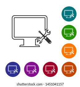 Grey line Computer monitor with screwdriver and wrench icon isolated on white background. Adjusting, service, setting, maintenance, repair, fixing. Set icon in color circle button. Vector Illustration