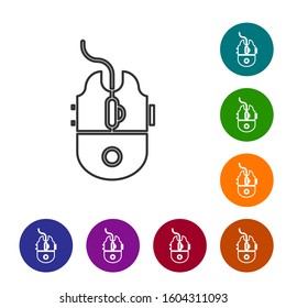 Grey line Computer mouse gaming icon isolated on white background. Optical with wheel symbol. Set icons in color circle buttons. Vector Illustration