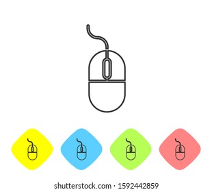 Grey line Computer mouse icon isolated on white background. Optical with wheel symbol. Set icons in color rhombus buttons. Vector Illustration